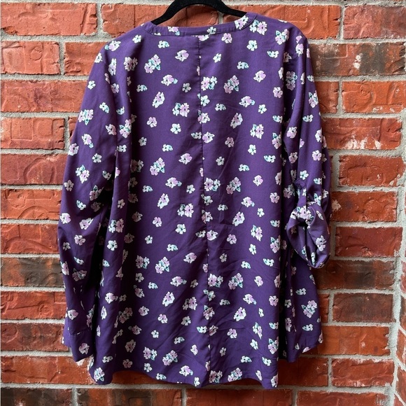 Lane Bryant 16 Purple Floral Sleeve Vneck Ruffle Long Roll Tab Career Blouse - Picture 5 of 10